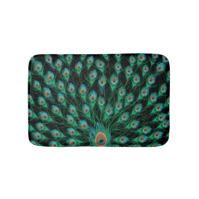 Tapis De Bain Illustration avec des plumes de paon sur le noir (Devant)