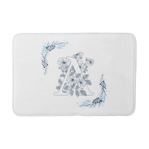 Tapis De Bain Initiale "A" Monogramme bleu Calme Floral