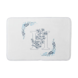 Tapis De Bain Initiale "H" Monogramme bleu Calme Floral