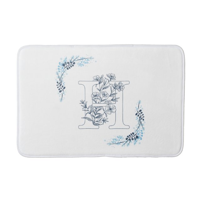 Tapis De Bain Initiale "H" Monogramme bleu Calme Floral (Devant)