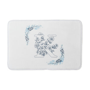 Tapis De Bain Initiale "K" Blue Monogram Calme Floral