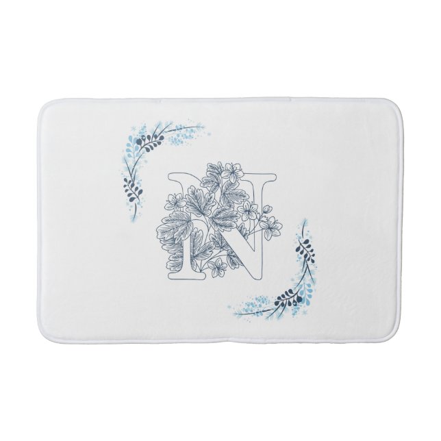 Tapis De Bain Initiale "N" Monogramme bleu Calme Floral (Devant)