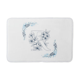 Tapis De Bain Initiale "R" Monogramme bleu Calme Floral