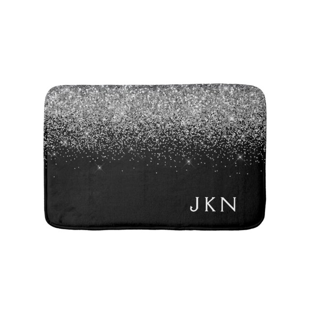 Tapis De Bain Initiales de nom girly pailleté noir argenté (Devant)