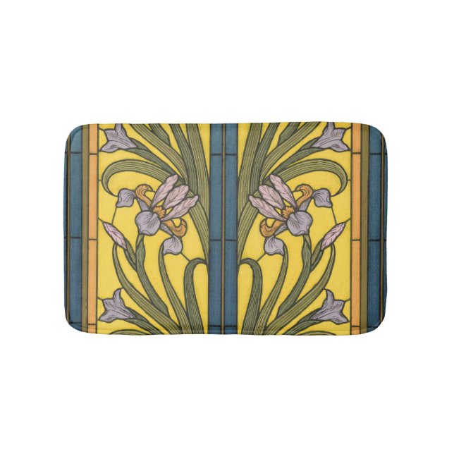 Tapis De Bain Iris Fleur Art Nouveau Vitrail Bleu Or (Devant)