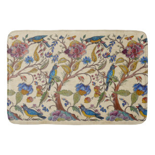 Tapis De Bain Jacobean Bird Floral Chinoiserie Tan Linen Look