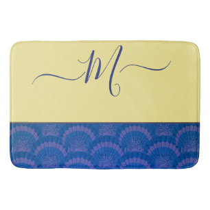 Tapis De Bain Jaune moderne Côte Bleu Coquillages Monogramme Bai
