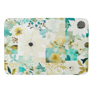 Tapis De Bain Joli Art folklorique Fleurs blanches et turquoise