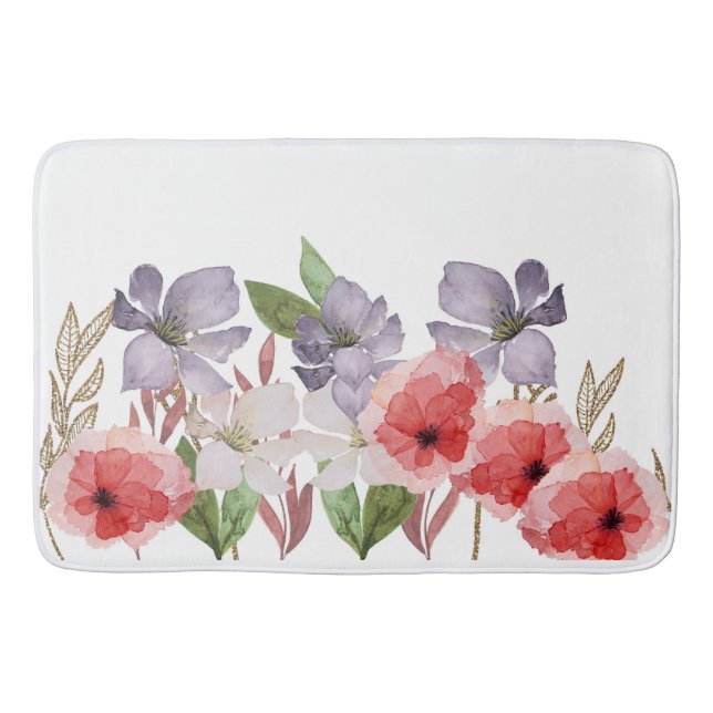 Tapis De Bain Joli rose et bleu Aquarelle Fleurs (Devant)