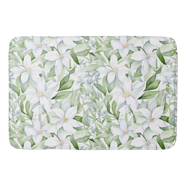 Tapis De Bain Jolie aquarelle Fleurs blanches Sage Vert Foliage (Devant)
