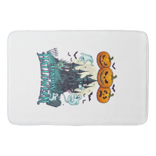 Tapis De Bain Joyeux Halloween Château Hanté Citrouilles Fantôme