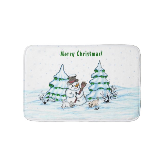 Tapis De Bain Joyeux Noël ! Snowman avec chat et chiot (Devant)