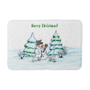 Tapis De Bain Joyeux Noël ! Snowman avec chat et chiot