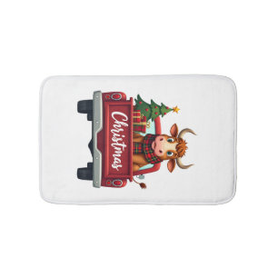 Tapis De Bain Joyeux Noël Vache des Highlands Sapin de Noël Roug