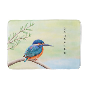 Tapis De Bain Kingfisher Aquarelle Bleu Orange Oiseau