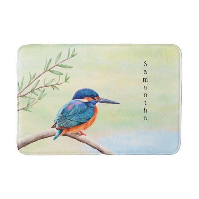 Tapis De Bain Kingfisher Aquarelle Bleu Orange Oiseau (Devant)
