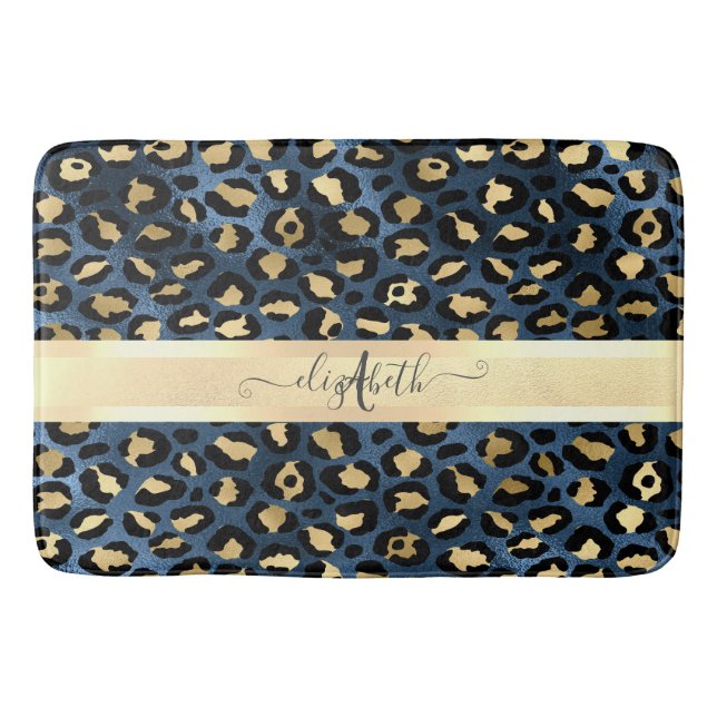 Tapis De Bain Léopard Motif bleu or Monogramme (Devant)