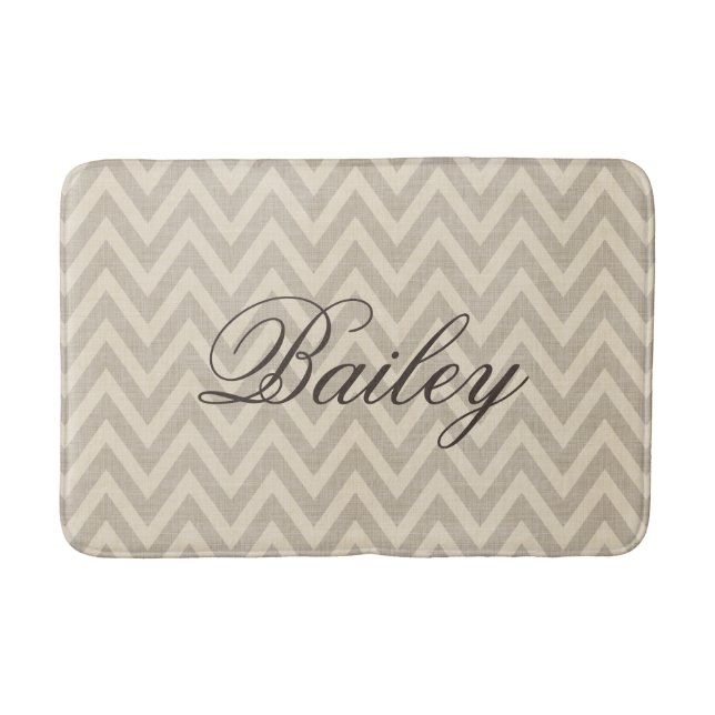 Tapis De Bain Lin rustique Beige et Taupe Chevron Monogramme (Devant)