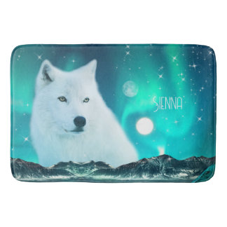 Tapis De Bain Loup arctique et nuit magique avec aurores boréale