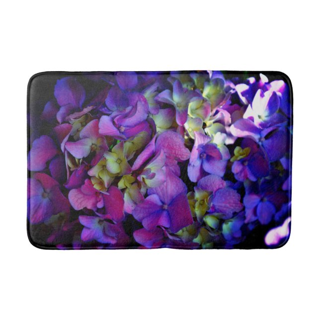 Tapis De Bain Magenta Purple bleu jaune Hydrangeas fleurs (Devant)