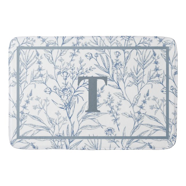 Tapis De Bain Maison Bleue Blanc Floral Monogramme (Devant)