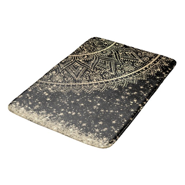 Tapis De Bain Mandala envoûtant avec des étoiles d'or sur Noir (Angle)