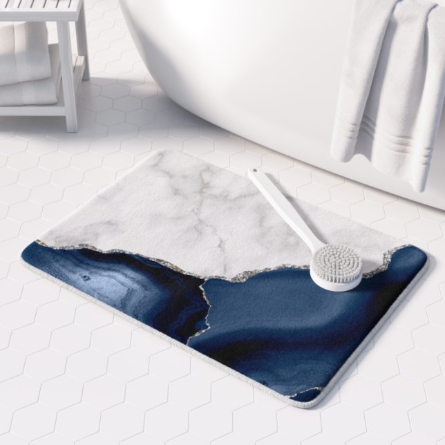 Tapis De Bain Marbre blanc Marine Blue Agate Parties scintillant (Créateur téléchargé)