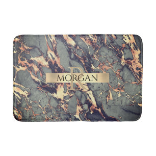 Tapis De Bain Marbre gris noir or, Sm Gold Stripe Nom+Monogramme