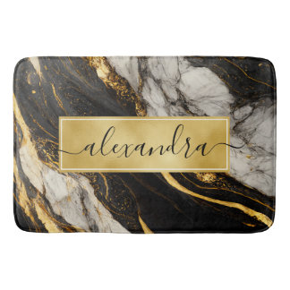Tapis De Bain Marbre Noir et Blanc Or Marbre Moderne Élégant