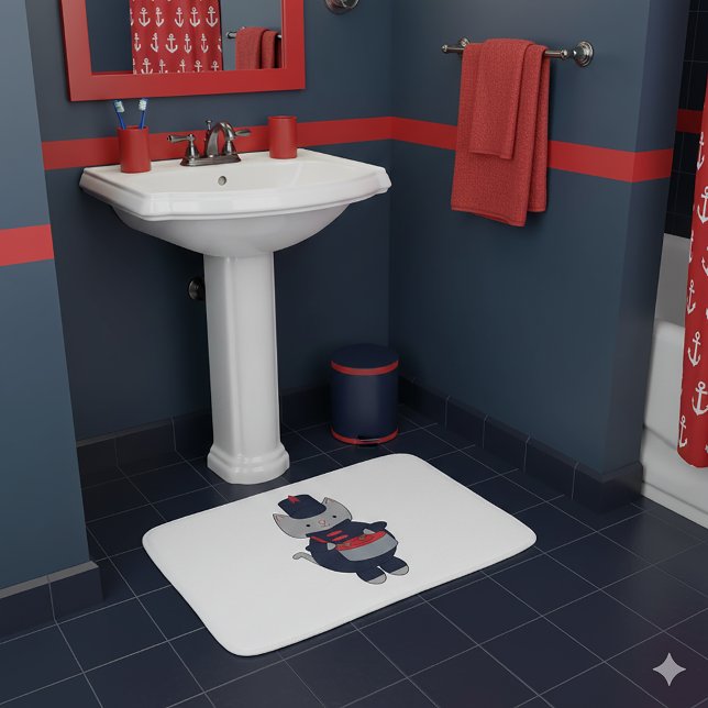 Tapis De Bain Marching Band Cat Drummer Navy Blue Red (A bath mat featuring a cat playing the drums in a navy blue & red marching band uniform.)
