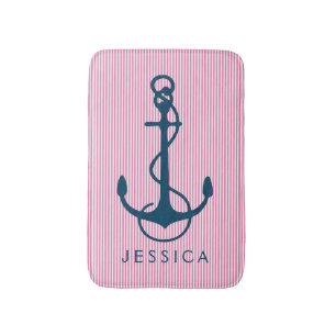 Tapis De Bain Marine Ancre nautique bleu et rayures roses