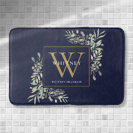 Tapis De Bain Marine Bleu Et Or Monogramme Verdure Feuilles