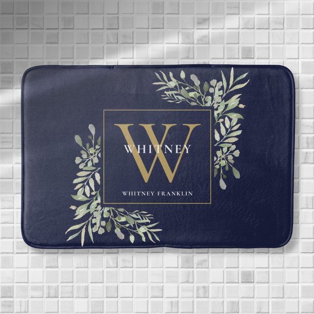 Tapis De Bain Marine Bleu Et Or Monogramme Verdure Feuilles (Navy Blue And Gold Monogram Greenery Leaves Bath Mat)
