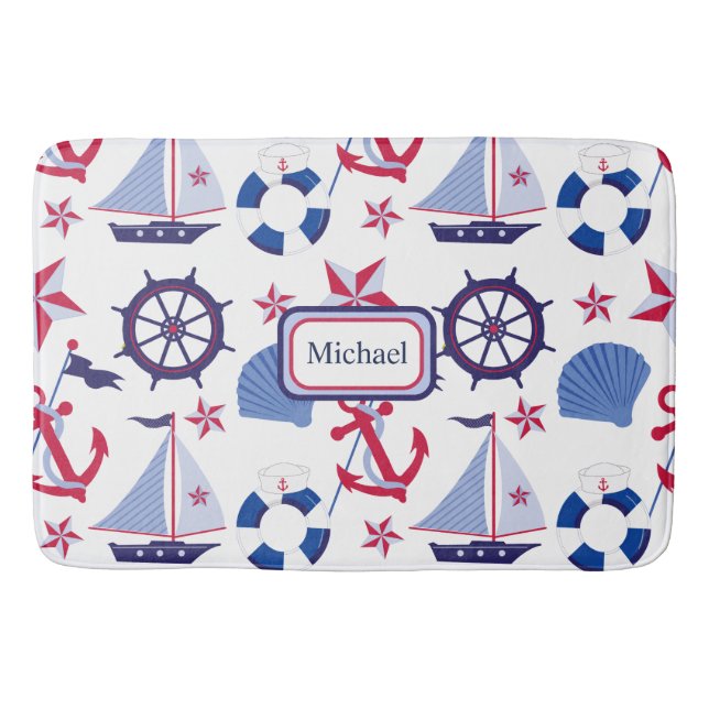 Tapis De Bain Marine Bleu Rouge Nautique Mat de bain pour enfant (Devant)