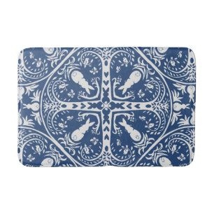 Tapis De Bain Médaillon d'oiseaux lapin bleu foncé carrelé