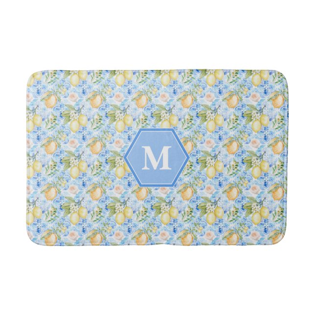 Tapis De Bain Mediterranean Blue Tile Limoncello Monogram Name (Devant)