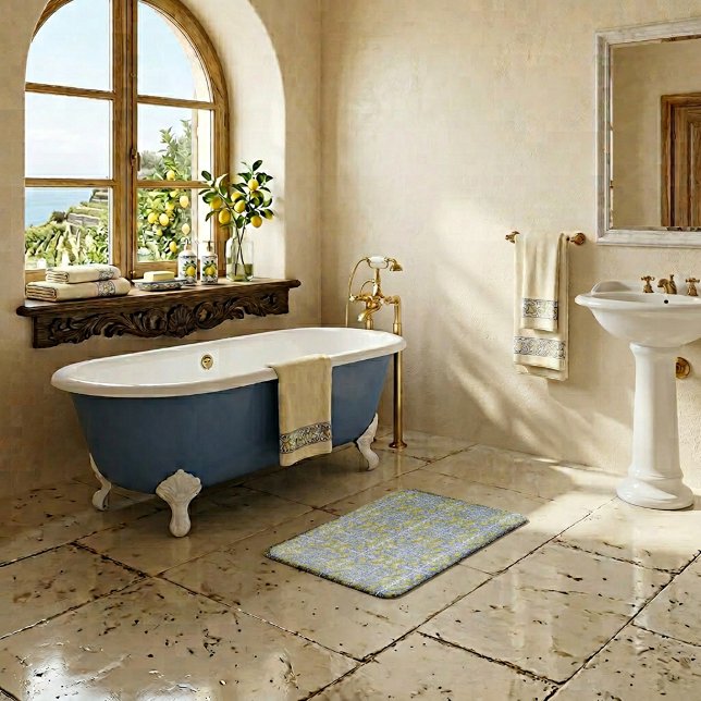 Tapis De Bain Mediterranean Blue & Yellow Lemon Tile Pattern (Mediterranean Blue & Yellow Lemon Tile Pattern Bath Mat)