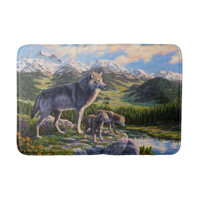 Tapis De Bain Mère Wolf & Pups Mountain River Valley (Devant)