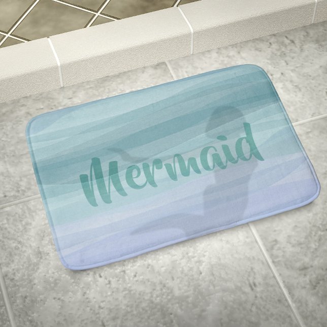 Tapis De Bain Mermaid Silhouette Aqua Blue Ocean Personnalisé (Watercolor waves, a mermaid silhouette and your name. Perfect bath mat just for you)