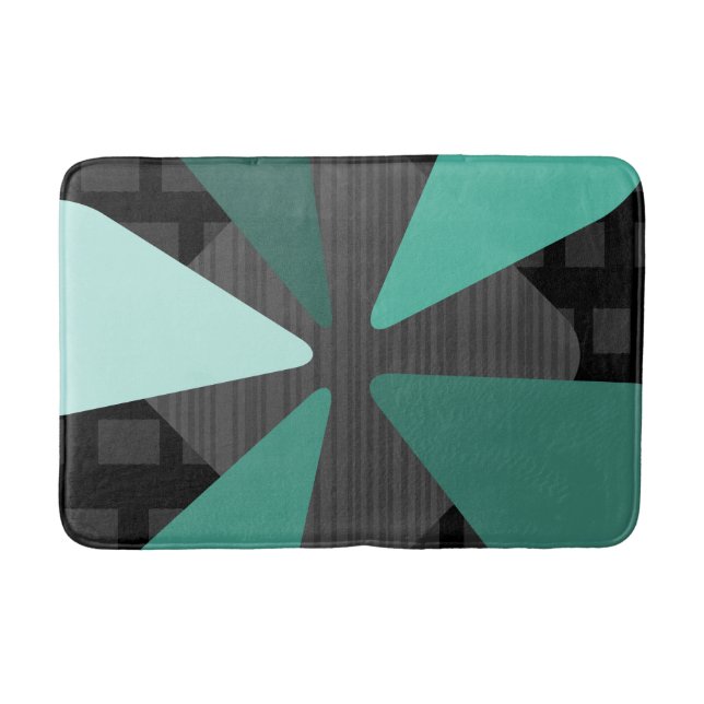 Tapis De Bain Mi-siècle Art moderne "Pétales" Noir Turquoise (Devant)