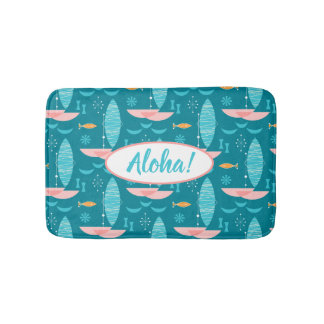 Tapis De Bain Mid Century Pink Catamaran - Blue Background