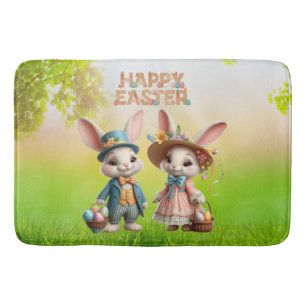 Tapis De Bain Mignonne, Whimsical Joyeuse Pâques avec 2 lapins