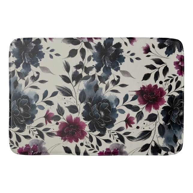 Tapis De Bain Minuit Bleu Bourgogne Inky Floral Almond Beige (Devant)