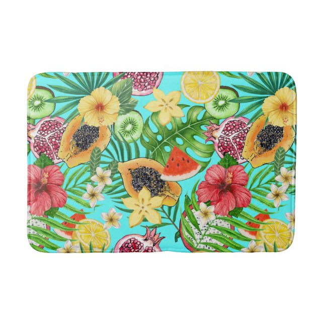 Tapis De Bain Mix-fruit tropical, fleurs et feuilles en bleu (Devant)