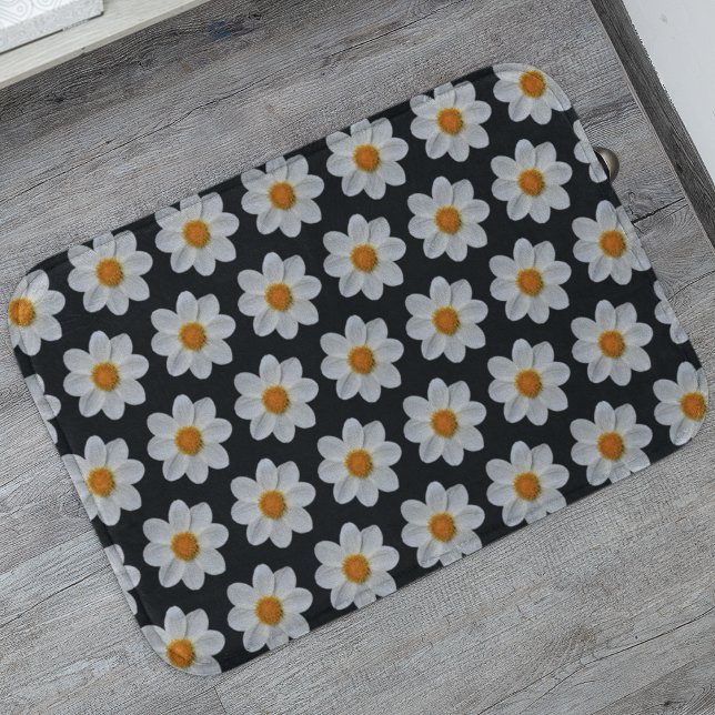 Tapis De Bain Modèle floral dahlia blanc sur noir (In Situ)
