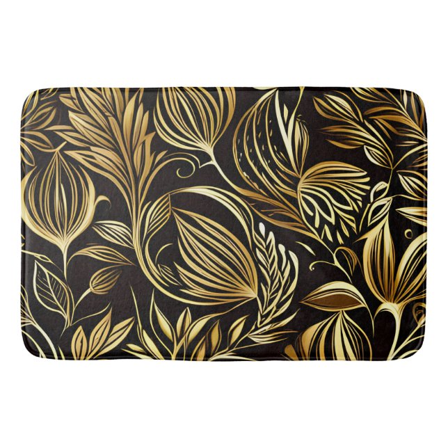 Tapis De Bain Modèle Floral Or Sur Noir (Devant)