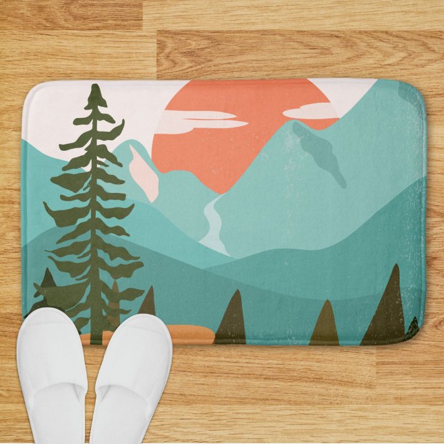 Tapis De Bain Modern Abstract Forest, Mountains, and Sunrise (In situ)