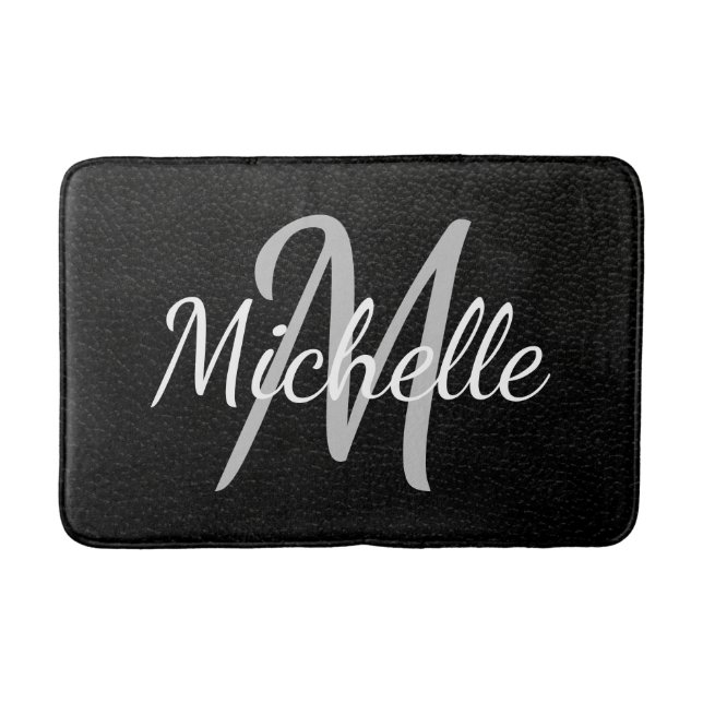 Tapis De Bain Modern Black leather Typography & Name Monogram (Devant)