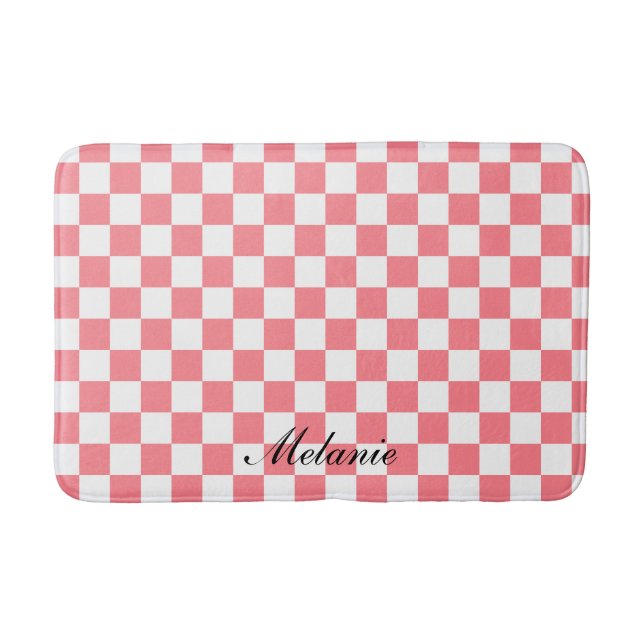 Tapis De Bain Moderne Blush rose et blanc À damiers (Devant)