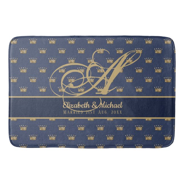 Tapis De Bain Mongram Navy Blue Gold Crown King Queen NEWLYWEDS (Devant)